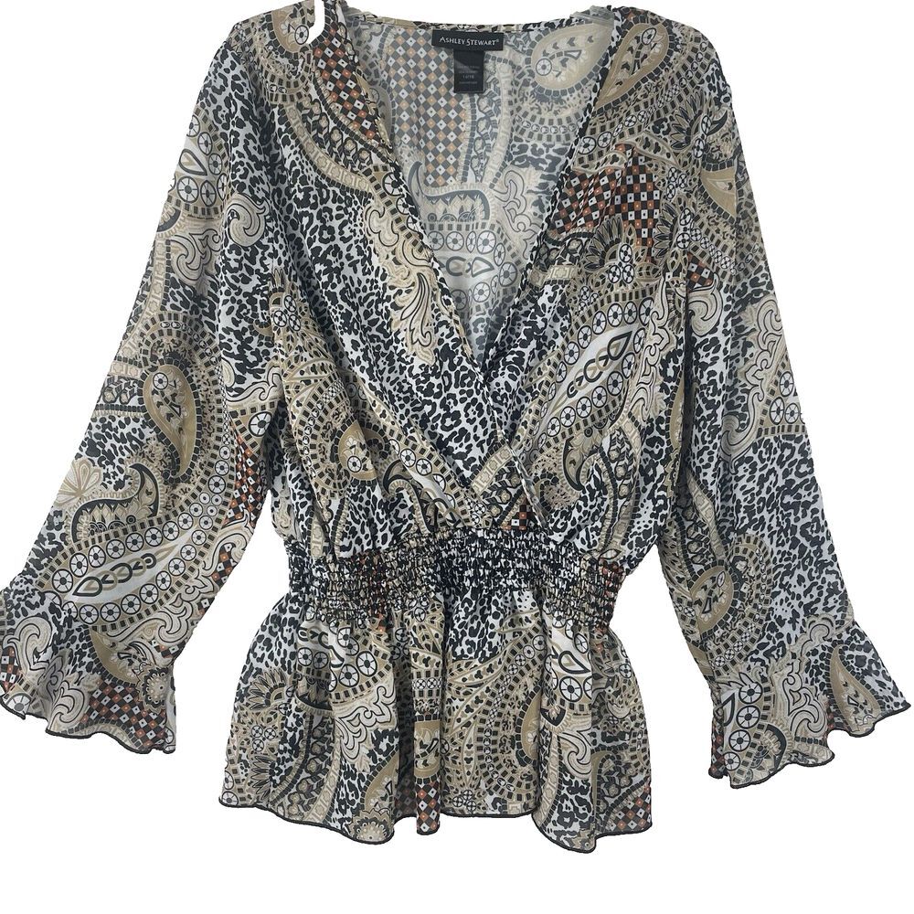Ashley Stewart Top Blouse Women Size 14/16 Multicolor Long Sleeve overlapping